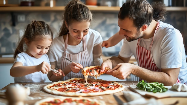 Photo happy family making and eating pizza together in the kitchen