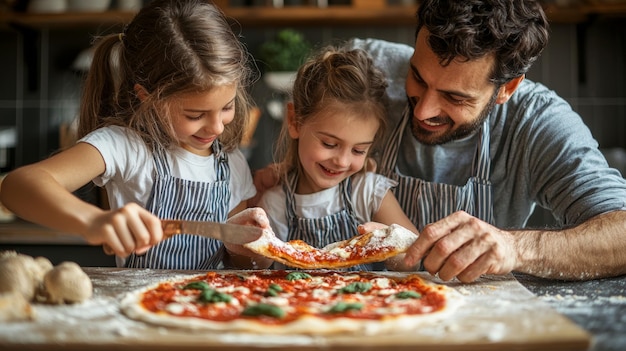 Photo happy family making homemade pizza together