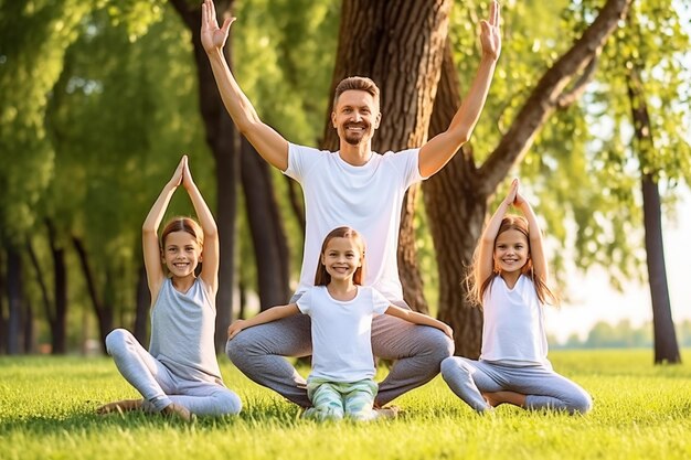 Happy family meditating in lotus pose on green grass in park Happy father and three daughters practicing yoga outdoors