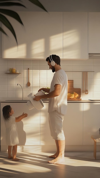 Photo happy family in modern kitchen with sunbeams