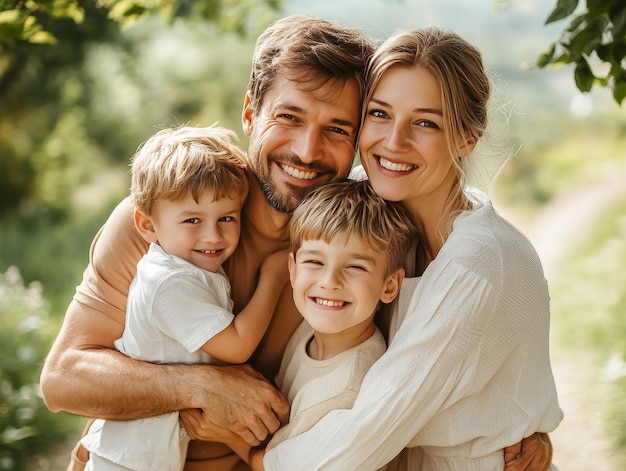 Happy Family Mom Dad Son and Daughter Hugging in the Park