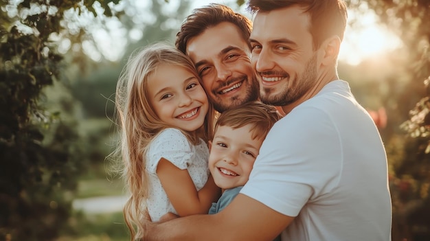 Happy Family Mom Dad Son and Daughter Hugging in the Park