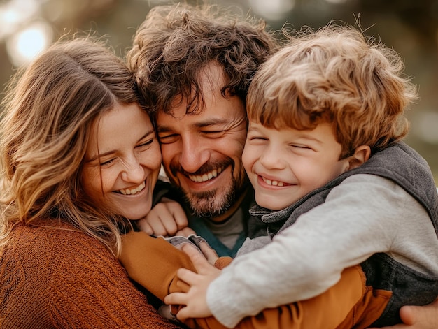 Photo happy family mom dad son and daughter hugging in the park