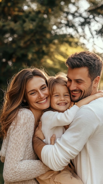 Happy Family Mom Dad Son and Daughter Hugging in the Park