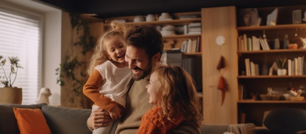 Photo happy family moment with dad and his daughters