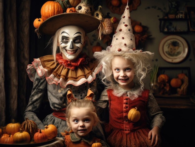 Happy family mother and children in costumes and makeup on a celebration of Halloween