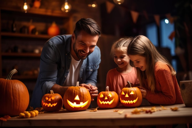 Happy Family mother father and children celebrating Halloween party at home ai generated