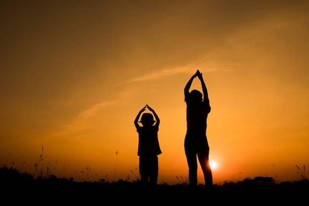 happy family. A mother and son playing in grass fields outdoors at evening silhouette