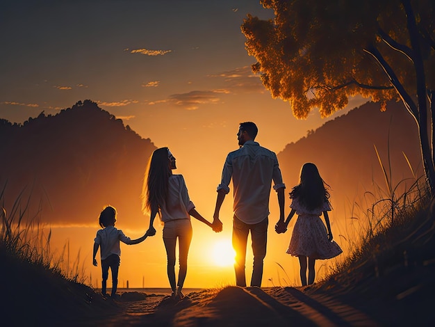 Happy family on nature in summer at sunset ai generative