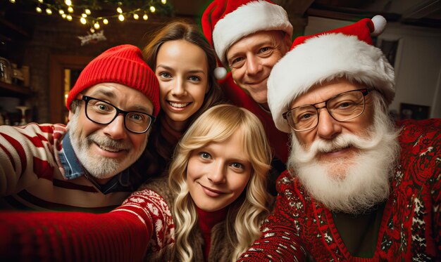 Happy family people wearing Christmas ugly sweater Santa hats make shoot selfie xmas tree lights