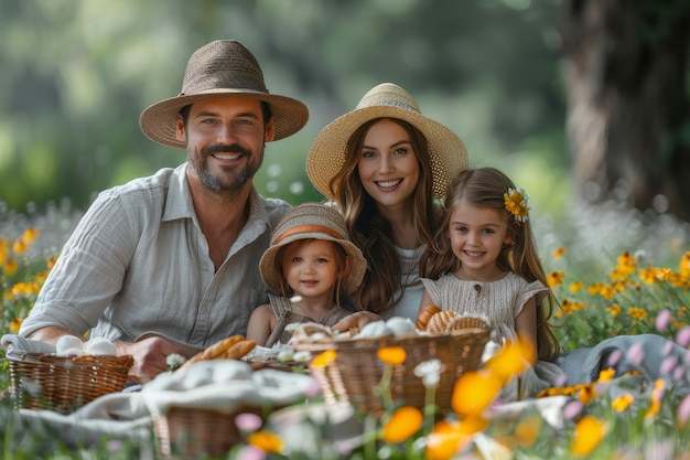 Happy Family Picnic in a Flower Field