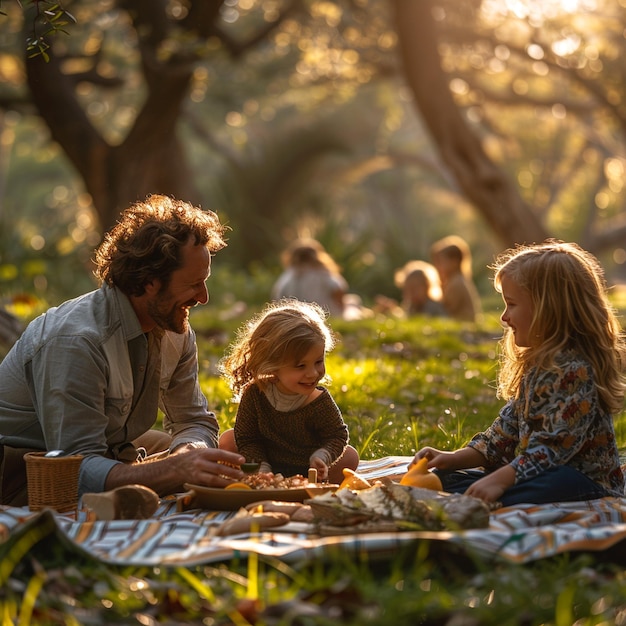 Photo happy family picnic in a sunlit park