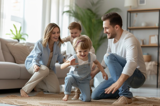 Happy family playing funny game having fun together with little son and daughter in modern living room Young dad and mother with adorable cute children doing exercises enjoying weekend at home