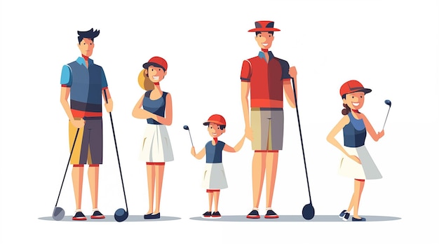 Photo happy family playing golf together cartoon illustration