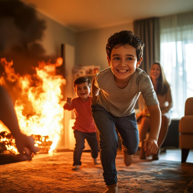 Photo happy family playing in the living room with a fireplace