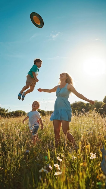 Photo happy family playing together in the garden