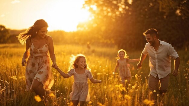 Photo happy family playing together in meadow