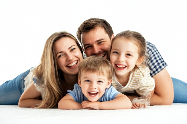 A happy family playing together smiling white back