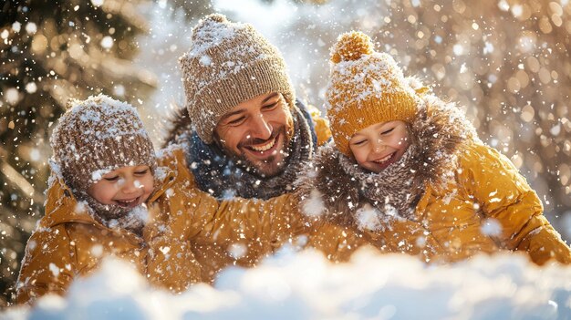 Happy Family Playing in Winter Snow