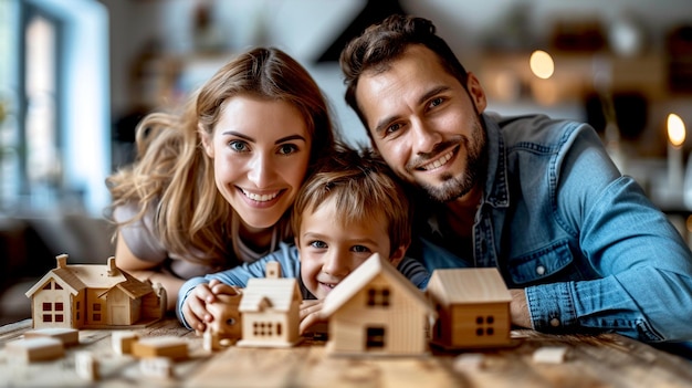 Happy family playing with miniature houses