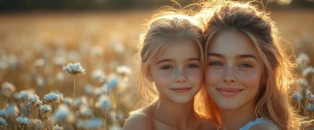 Photo happy family portrait in a field of flowers