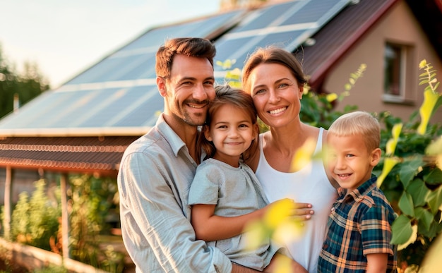 Happy Family Posing Outside Home with Solar Panels