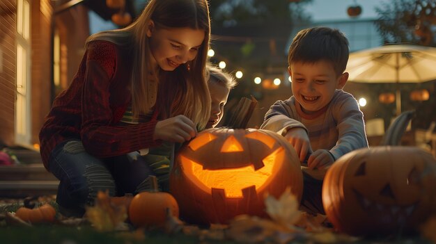 Happy family preparing for Halloween Mother and children carving pumpkins in the bac Generative AI