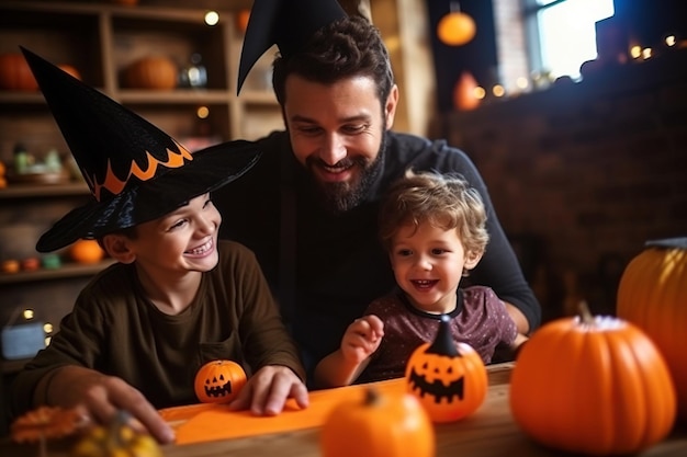 Happy family preparing for Halloween! Young father and his son in carnival costumes celebrate the holidays