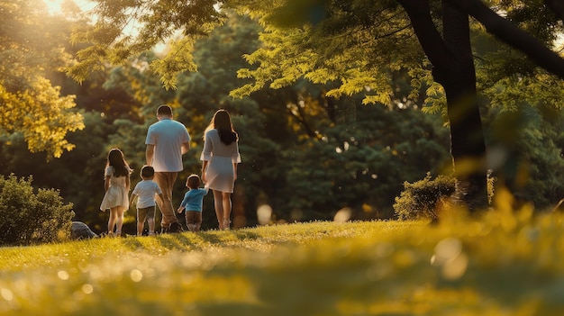 Photo a happy family quality time together in a park the genuine smiles and laughter as the parents and two children engage in playful activities amidst the natural beauty of the surroundings