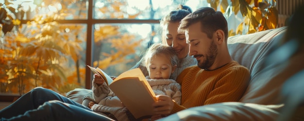 Photo happy family reading together on cozy sofa in sunlight autumn atmosphere