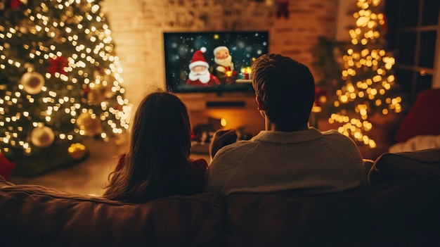 Happy Family Relaxing on Sofa Near TV in Cozy Living Room