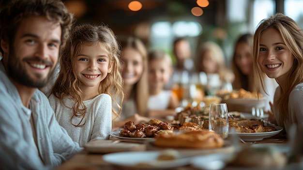 Photo happy family at a restaurant enjoying a delicious meal