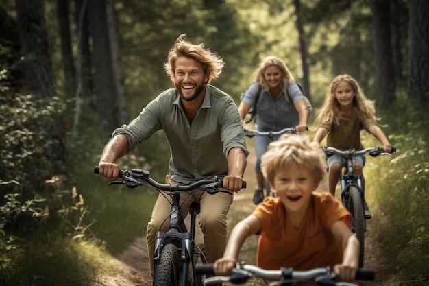 A happy family rides bicycles