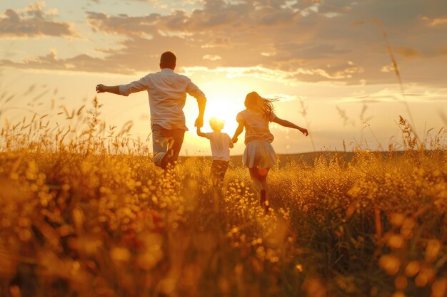 Photo happy family running in the field at sunset