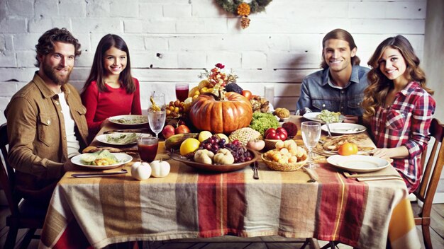 Photo happy family sitting around a thanksgiving dinner table smiling