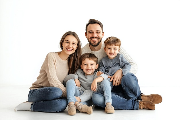 A happy family sitting on the floor and smiling to