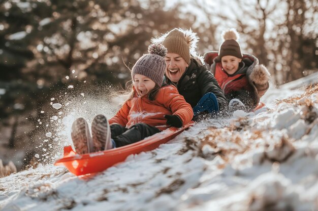 Photo happy family sledding down a snowy hill together