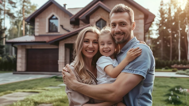 Happy family smiling in front of their new home