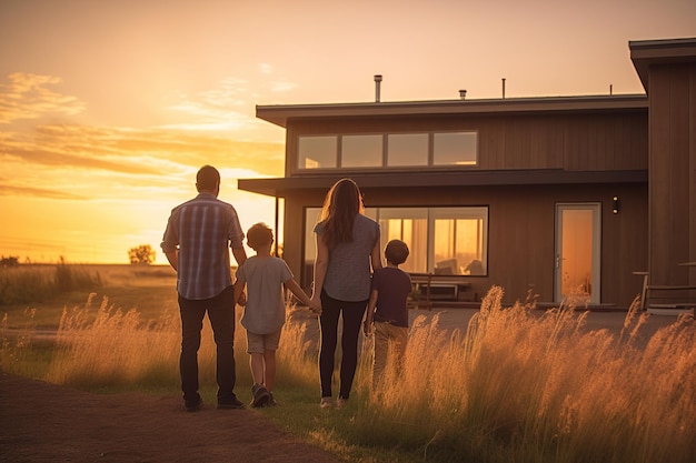 Happy family smiling outside their new home at sunset