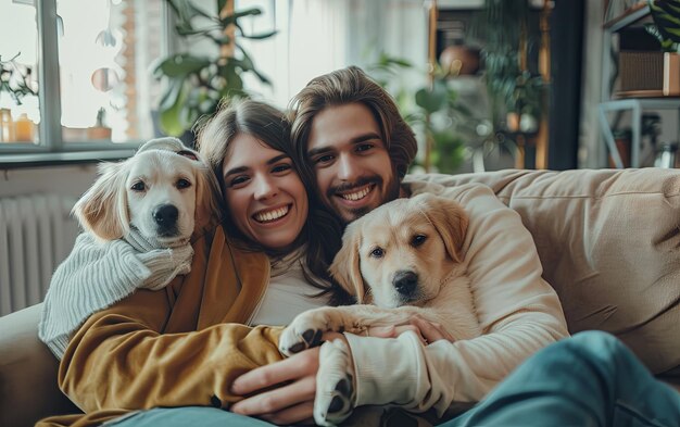 Happy family on sofa and puppy in living room