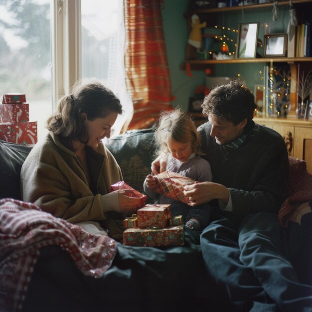 Photo happy family on the sofa