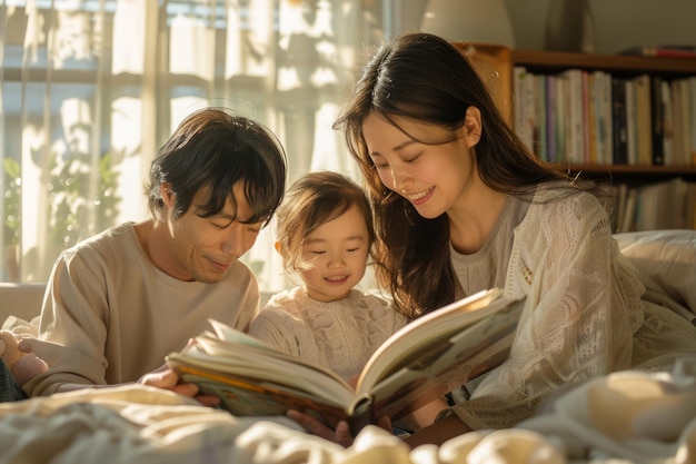 Happy Family Spending Quality Time Together Reading a Storybook at Home with Warm Sunlight