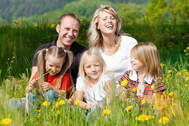 Happy family in summer on meadow