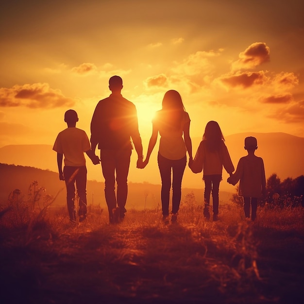 Happy family at sunset Father Mother and children