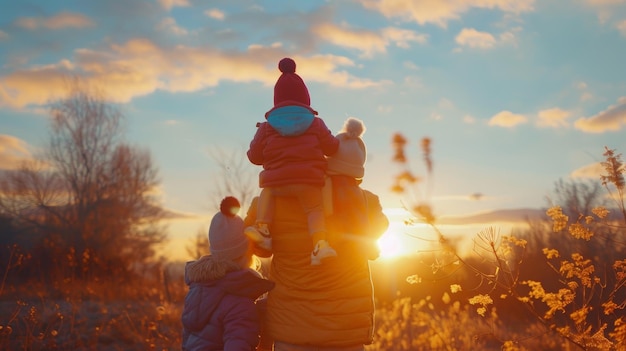 Happy family at sunset Father mother and two children daughters having fun and playing on autumn nature The child is sitting on the shoulders of his father