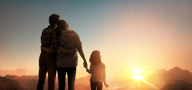 Happy family at sunset