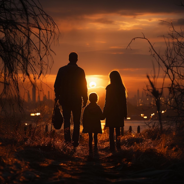 happy family at sunset