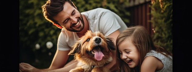 Happy family and their dog outdoors in the summer