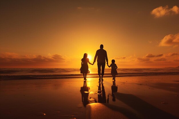 Photo a happy family of three enjoying a sunset on a pea happy family photos297jpg