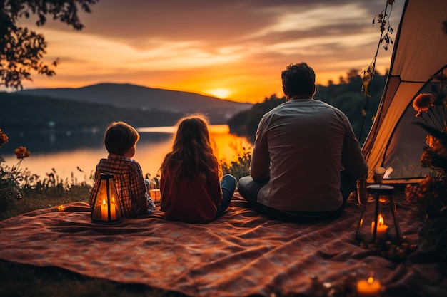 Happy family of three having fun outdoors in the evening Generative AI